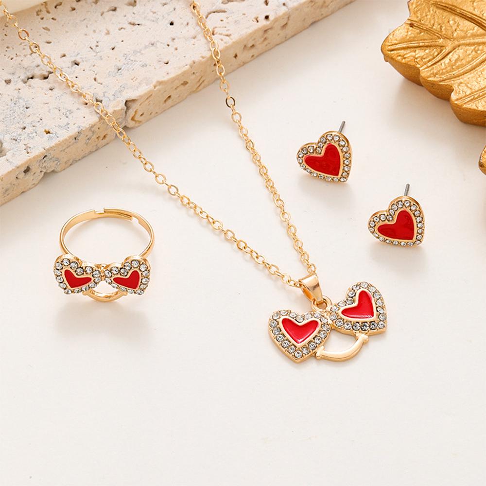 4 Piece Set Women Oil Dripping Love Highend Feeling Diamond Studded Fashionable Peach Heart Ring Earring Necklace Set Accessorie