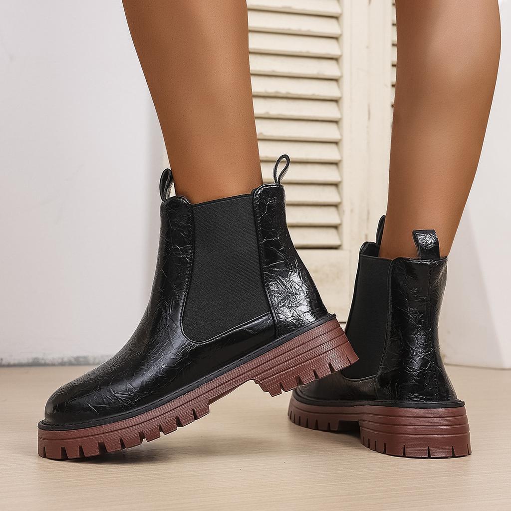 Women's Chelsea Boots Thick Platform Ladies Round Toed Slip On High Top Shoes Classic Winter Mid Heels Women Ankle Boots