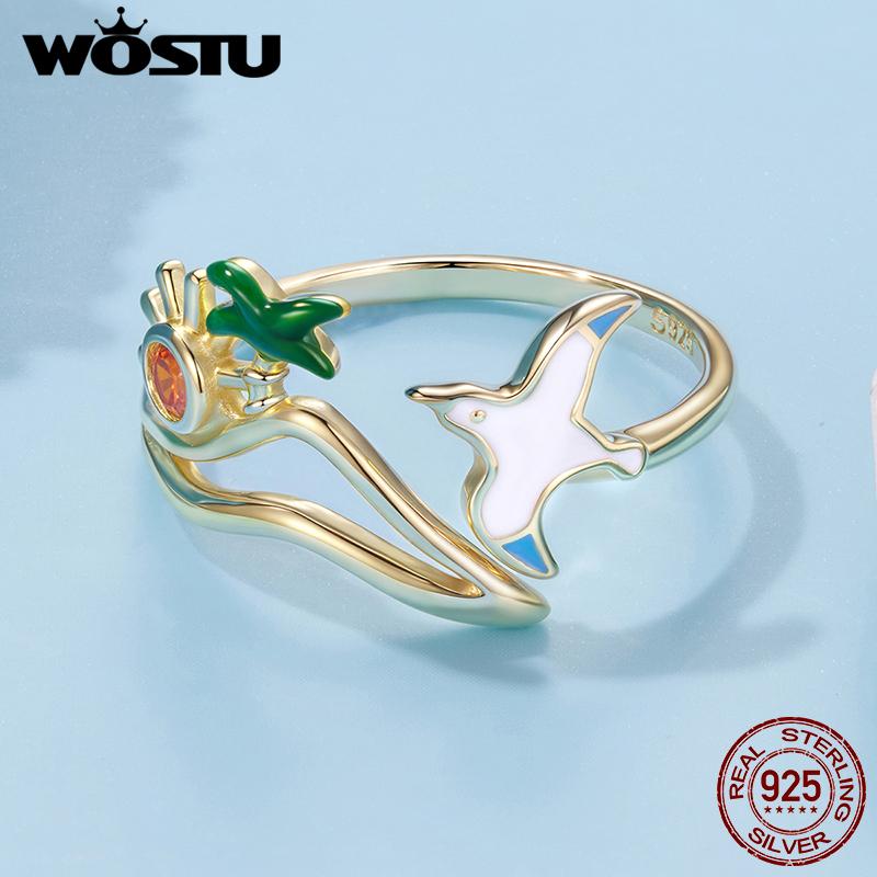 WOSTU 925 Sterling Silver Seagull Island Open Ring Adjustable Beach Vacation Rings Boho Style Jewelry with Green Palm