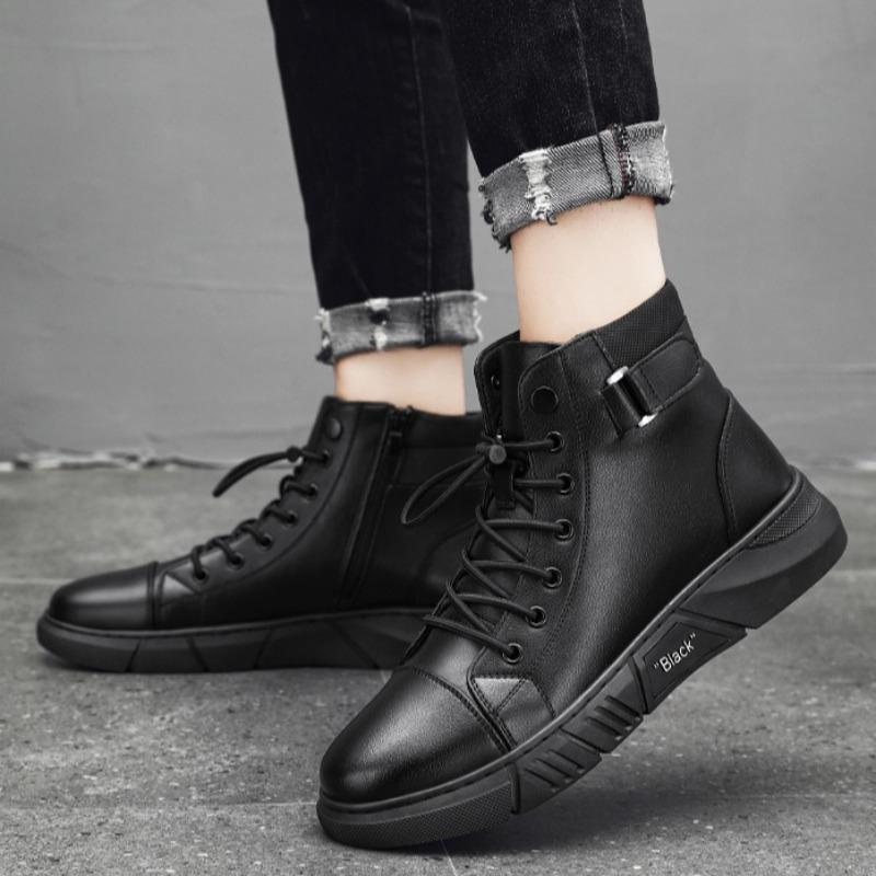 Men's Boots Fashion High Top Leather Shoes Casual Business Boots Motorcycle Ankle Boot Plush Warm Men Winter Boots Platform Boot