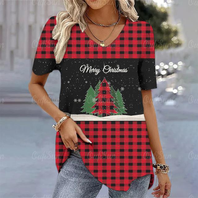 Christmas Women's T-Shirt 3d Printed Short Sleeve Tees Christmas T Shirt For Women Fashion V-Neck Top Holiday Oversized Clothing