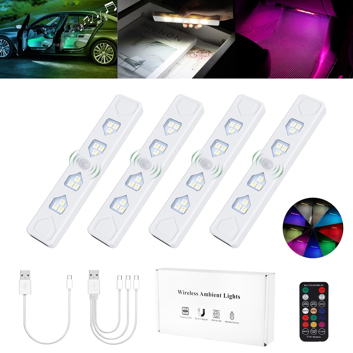 

Futwod Sensor 9 LED Bar Foot Ambient Motion RGB Strip Foot Adjustable 21 Lighting for Universal Sensor LED USB Set of White Light, Colors, Light,