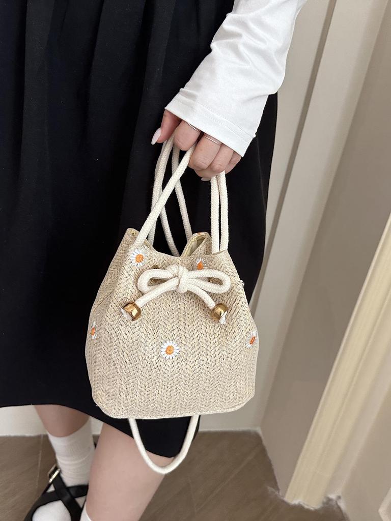 2026 Sommer Damen Strohgewebte Eimer Tasche: Kordelzug im koreanischen Stil für Urlaub, Strand oder Pendeln