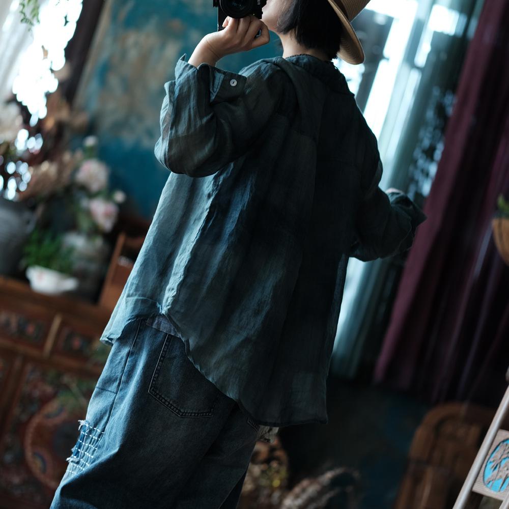 Luo Gu Ni Retro Washed Linen Loose Cardigan Shirt - Artistic Design, Light Shallow