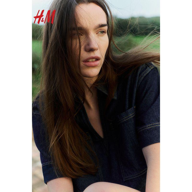 

HM Women clothes Shirts Summer 2025 New Light Summer Series Wear Lapel Light Denim Short Shirt 1268147 Dark denim blue 170/116