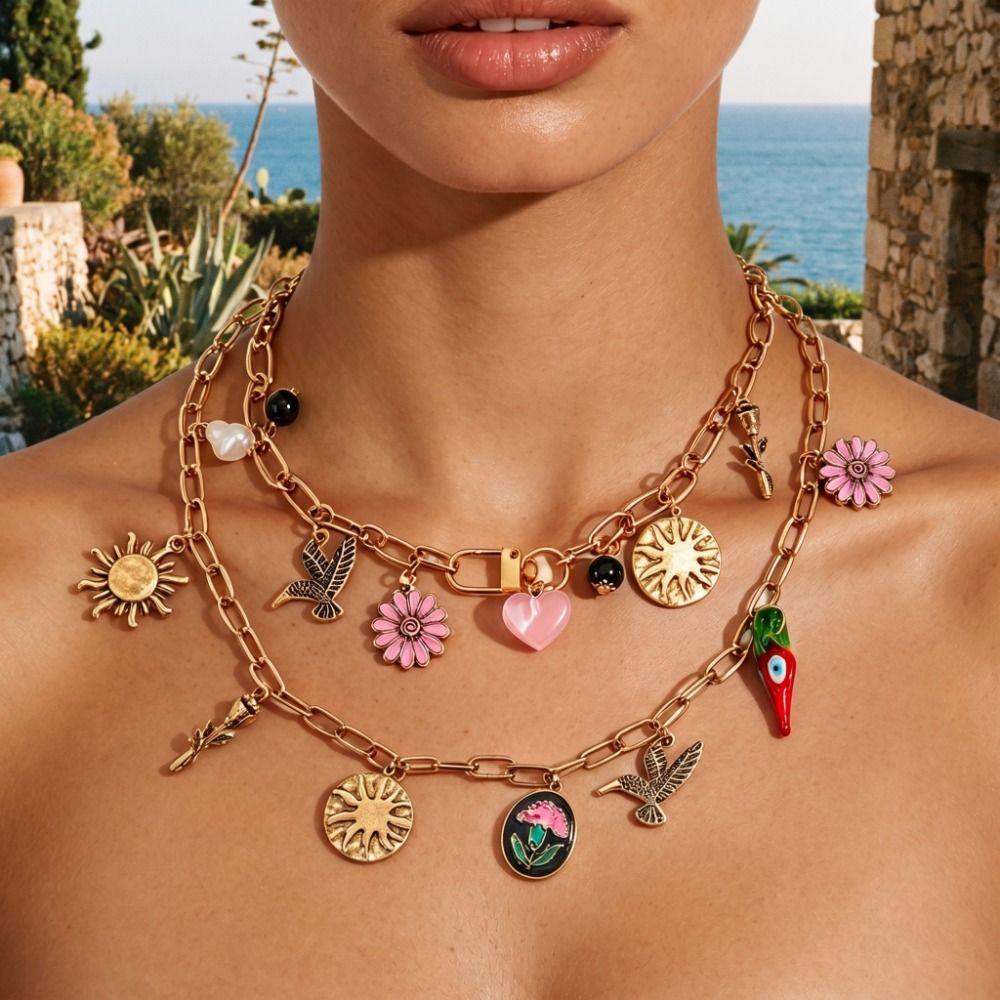 Multilayer Stacked Flower Pendant Necklace Flying Bird Bohemian Collarbone Chain Spring/Summer
