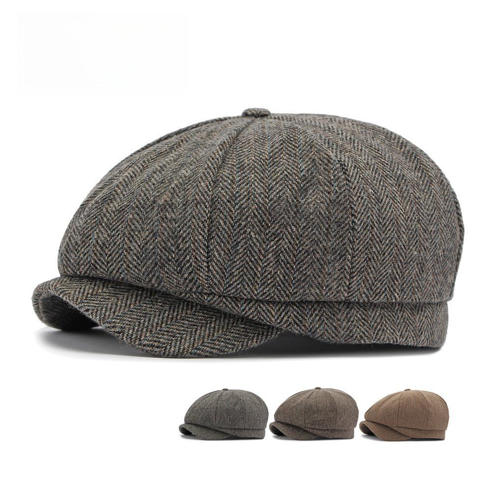 British Style Unisex Herringbone Wool Newsboy Cap, Autumn Winter Eight-Panel Baker Boy Hat, Vintage Casual Painter Beret for Men and Women