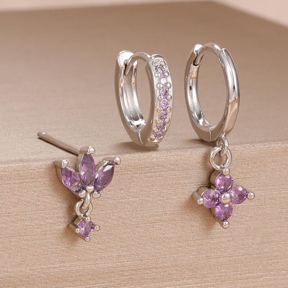 3-teiliges Modisches Orange Blau Zirkon Hängende Ohrringe Set für Damen Edelstahl Blume Dangle Ohrring Piercing Schmuck