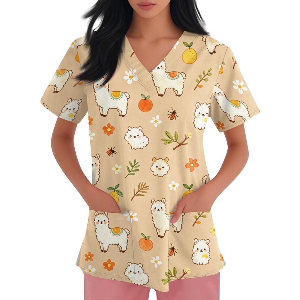 Damen V-Ausschnitt Kurzarm Arbeits-Top mit Taschen Tierprint Medizinisches Kasack-Shirt für medizinisches Fachpersonal Bequeme Passform Strapazierfähiges Gewebe
