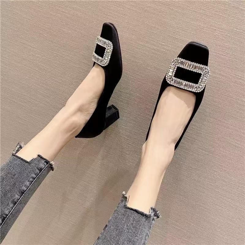 Fashion Women's Shoes With Straps Chunky Sandals 2025 3cm Heels Square Toe Footwear Shallow Mouth Buckle Block Latest 5cm Casual Beige A