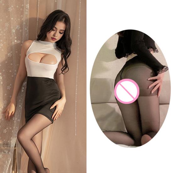2Pcs/Set Women Nightdress with Pantyhose Hollow Chest Sleeveless Skinny Sheath Secretary Cosplay Uniform Club Dancing Mini