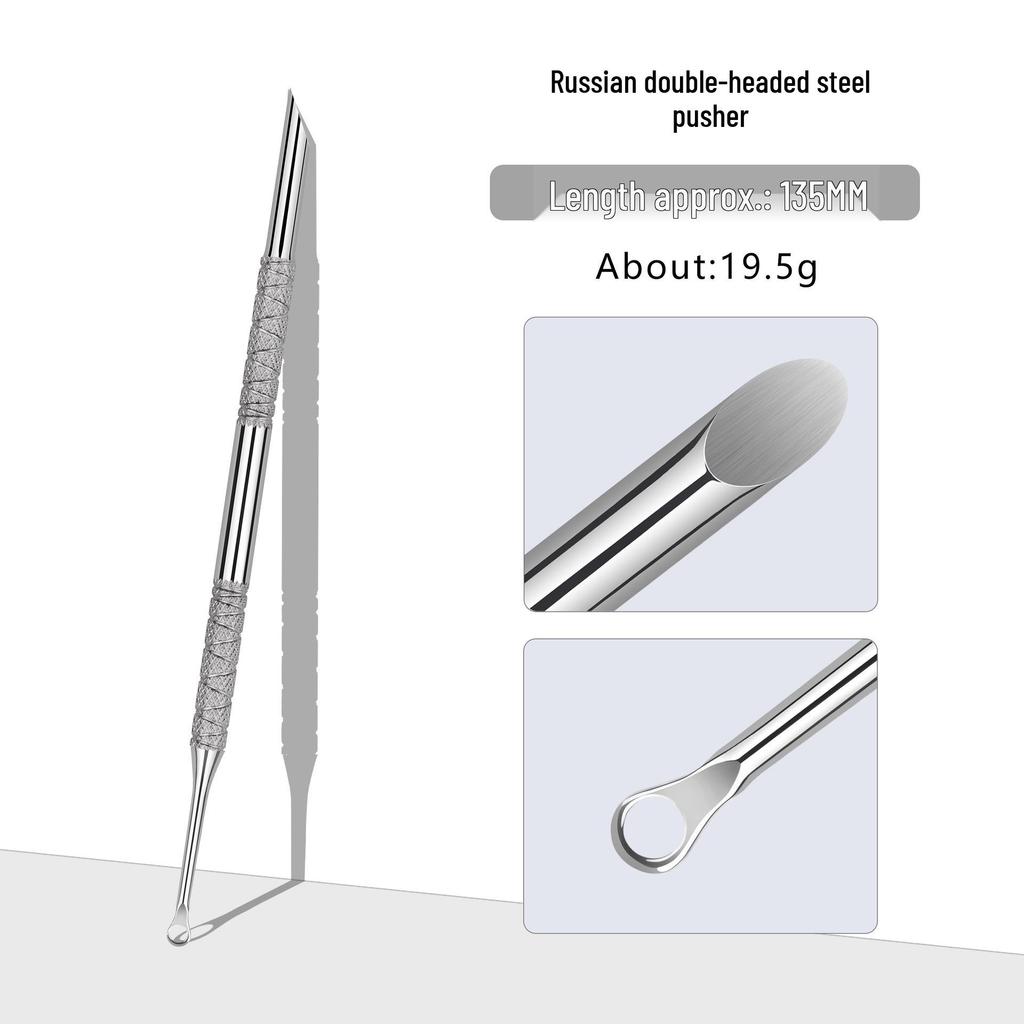 Russian Style Slanted Head Nail Art Tool: Double-Headed Steel Pusher & Gel Remover Stick.