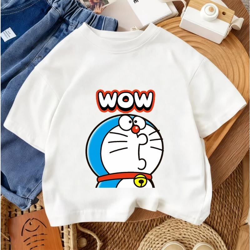 2026 Casual Round Neck Boys and Girls Summer T-Shirt Doraemon Fashion Cartoon Design