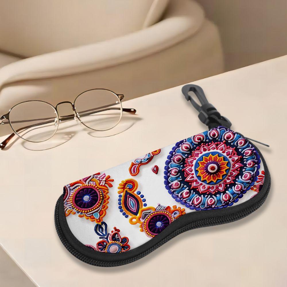 2D-Boho Floral Pattern Zipper Sunglasses Case, Decorative Mandala Print Eyewear Protective Holder, Portable Travel Spectacle Box Organizer Gift