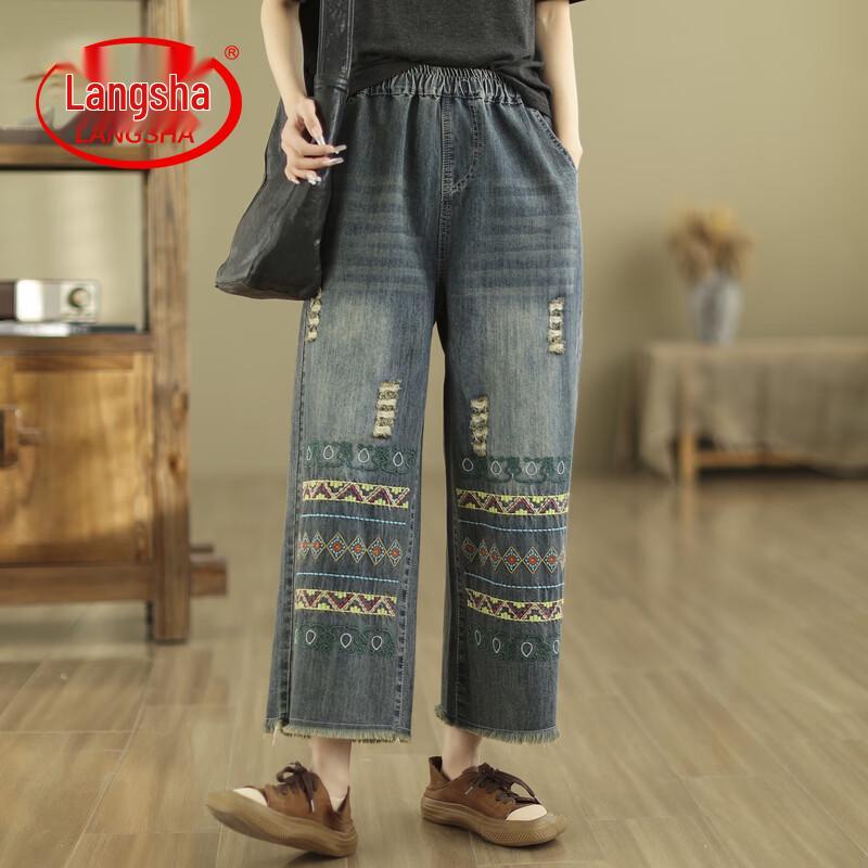 LangSha Women s Ethnic Embroidered Distressed Cropped Jeans M