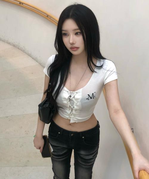 Mucent Luque Eyelet Lace-Up Corset Rolled Short Sleeve Tee (2 Colors)