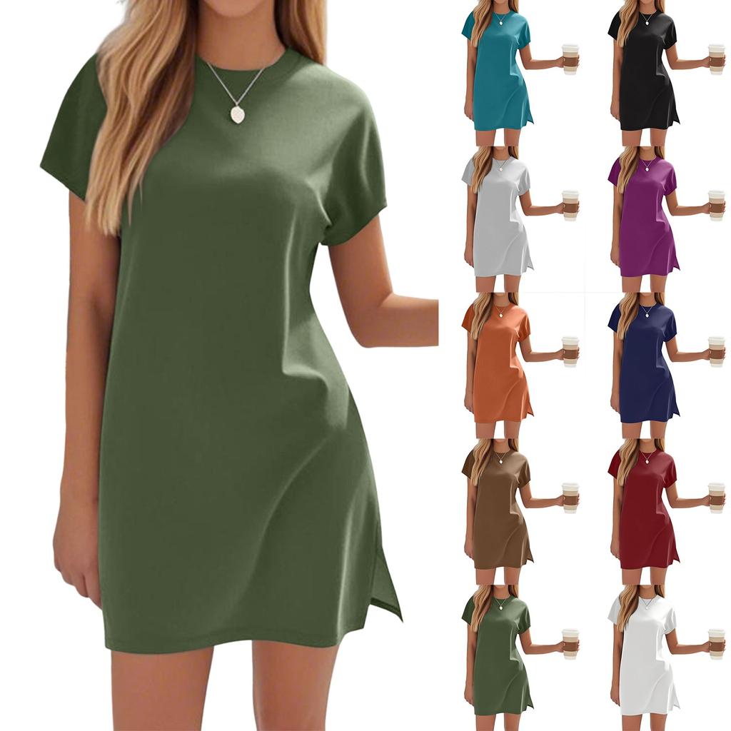 Women's Coverups Short Sleeve T-Shirt Dress Casual Side Slit Loose Fit Knee Length Beach Dress