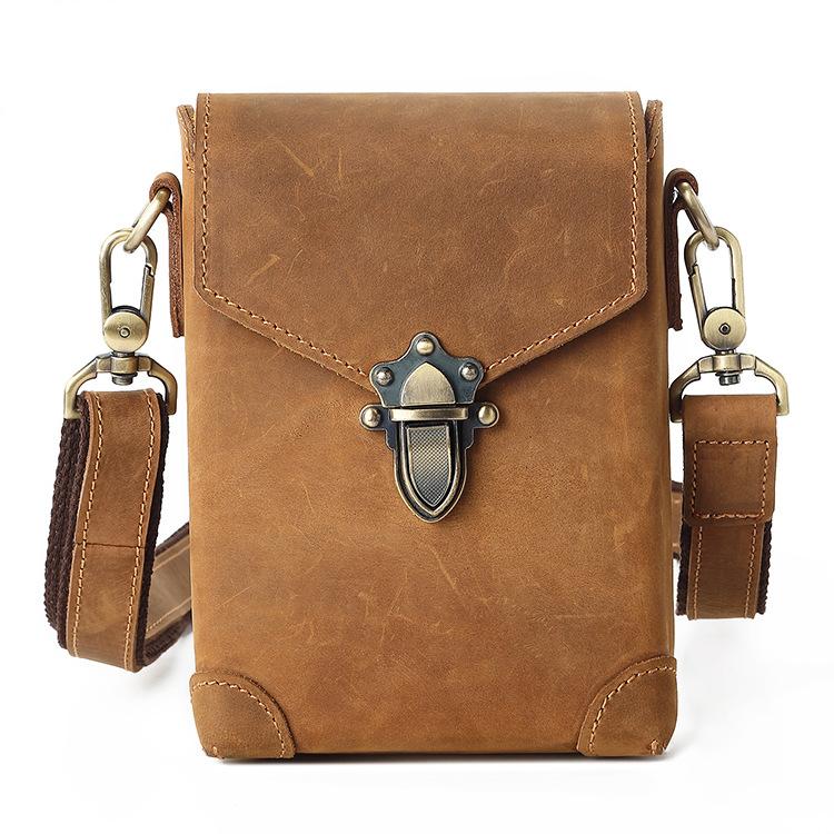 

New Fashion Mens Leather Shoulder Bag Crazy Horse Leather Crossbody Bag Phone Belt Pouch With Shoulder Strap Waist Bag Crossbody світло-коричневого кольору
