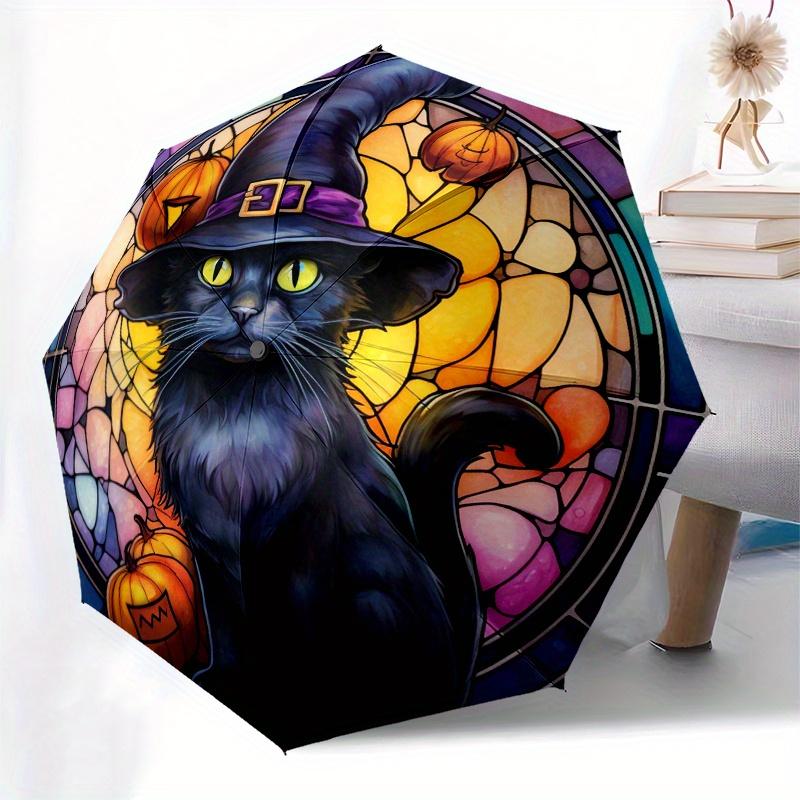 Halloween Witch Cat Stained Cute Window Decal Umbrella - Cute Umbrella with Cute Design, Portable 3-Fold Compact Umbrella for