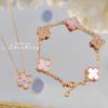Dames Luxe Sieradenset 5 Bloemen Klaver Armband Roze Parelmoer Ketting Oorbellen met Diamant