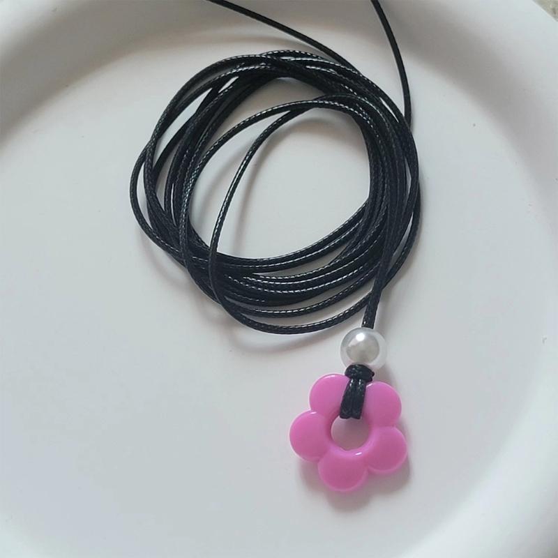 Sweet Cool Pearl Flower Pendant Necklace Fashion Summer Choker Wax Rope Lace up Collar Necklace Statement Jewelry