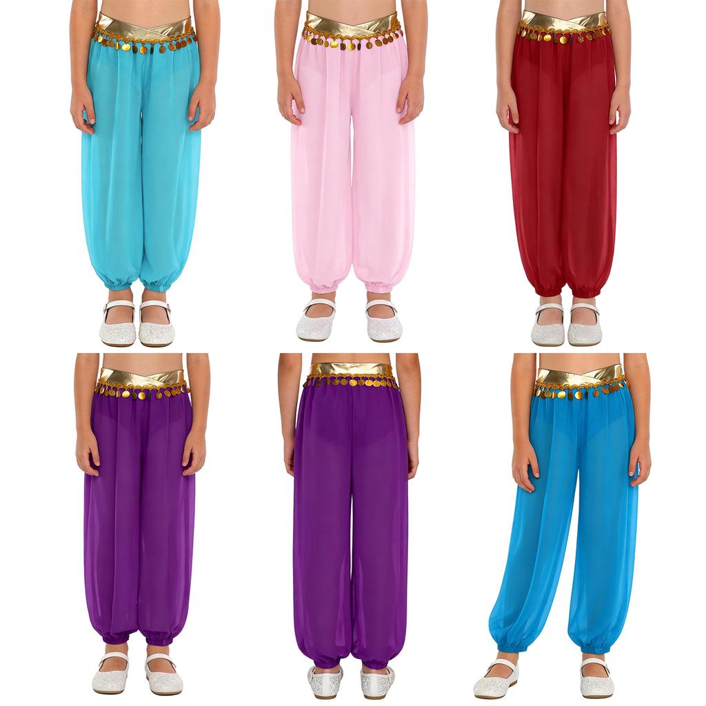 Kids Girls Belly Dance Pants with Built-in Briefs: Patchwork Sequin Tassels Design, Side Invisible Zipper & Elastic Leg Opening for Masquerade Theme