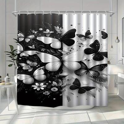 1pc Black and White Butterfly and Floral Patterned Shower Curtain, Polyester Fabric, with Hooks, Suitable for Bathroom Décor.