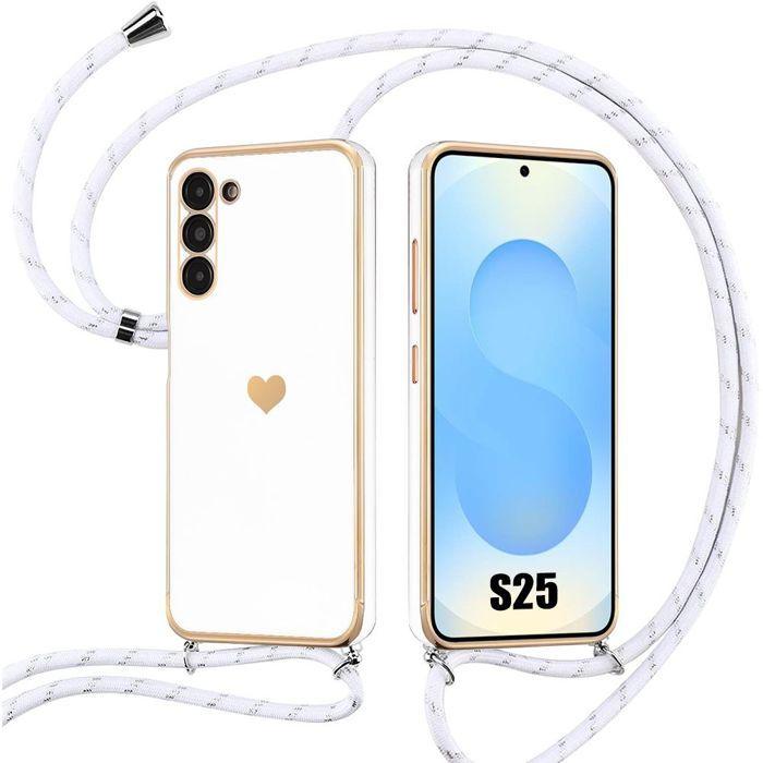 Coque pour Samsung Galaxy S25, TPU Souple Antichoc Motif Cœur avec Bandoulière - Blanc