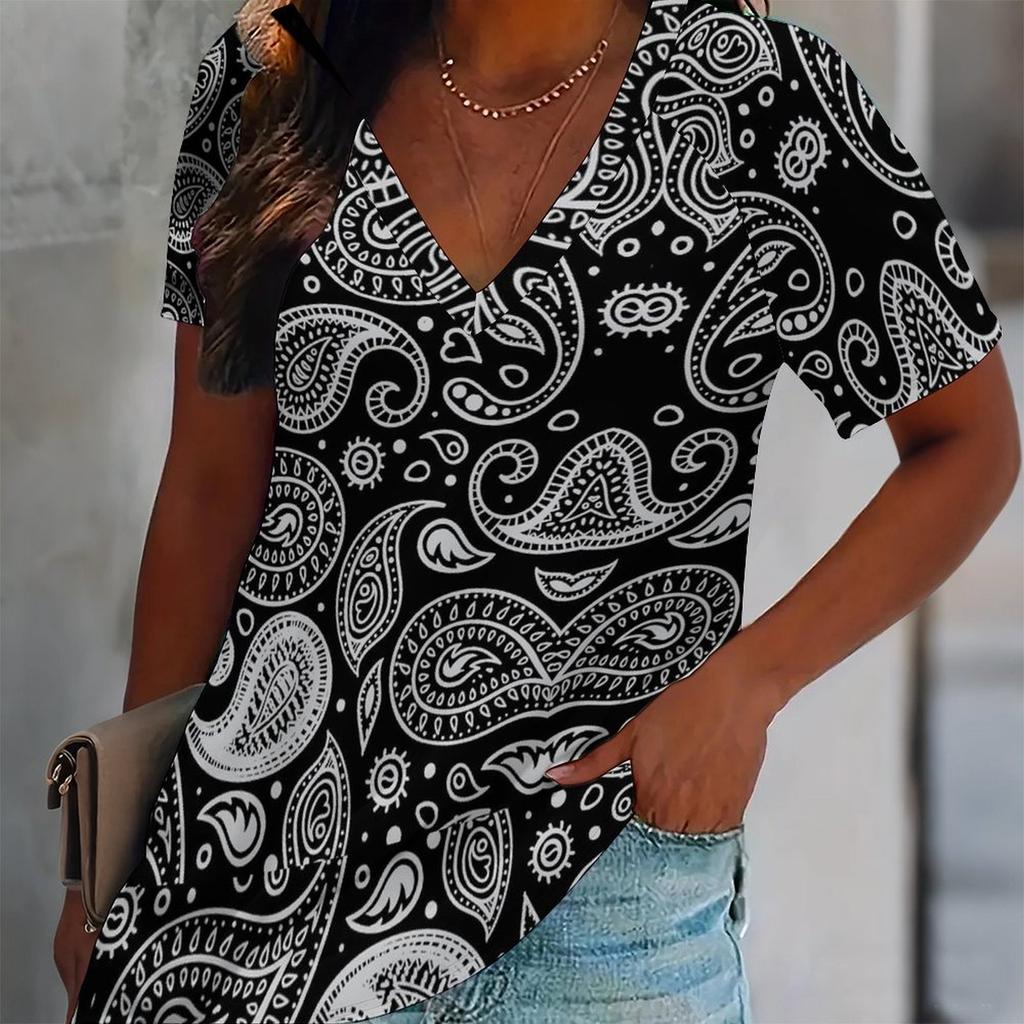 Women Paisley Print T Shirt V Neck Short Sleeve Loose Casual Summer Boho Floral Daily Tops