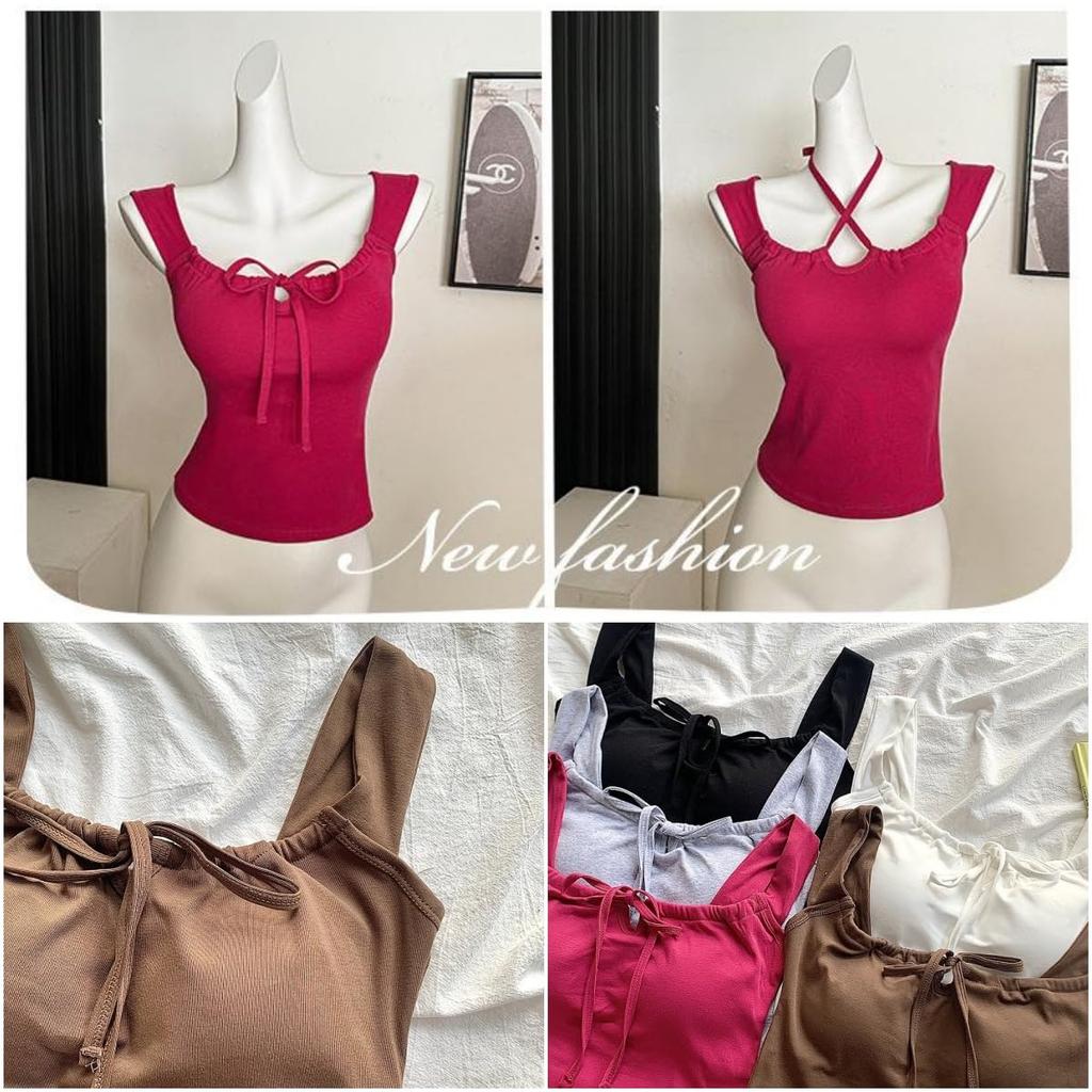 Weuiean Camisole with Wide Halter One Size Fits Most Women's 2-Way Cups, Straps, Ribbon, Neck, Wireless, (Black) LCBX-68