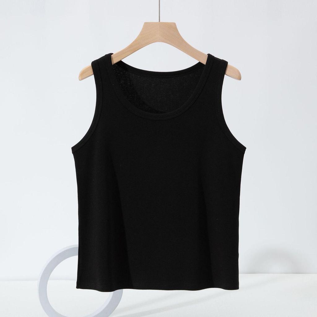 Plus Size Threaded Cotton Round Neck Vest - Spring/Summer Elastic Camisole for Women