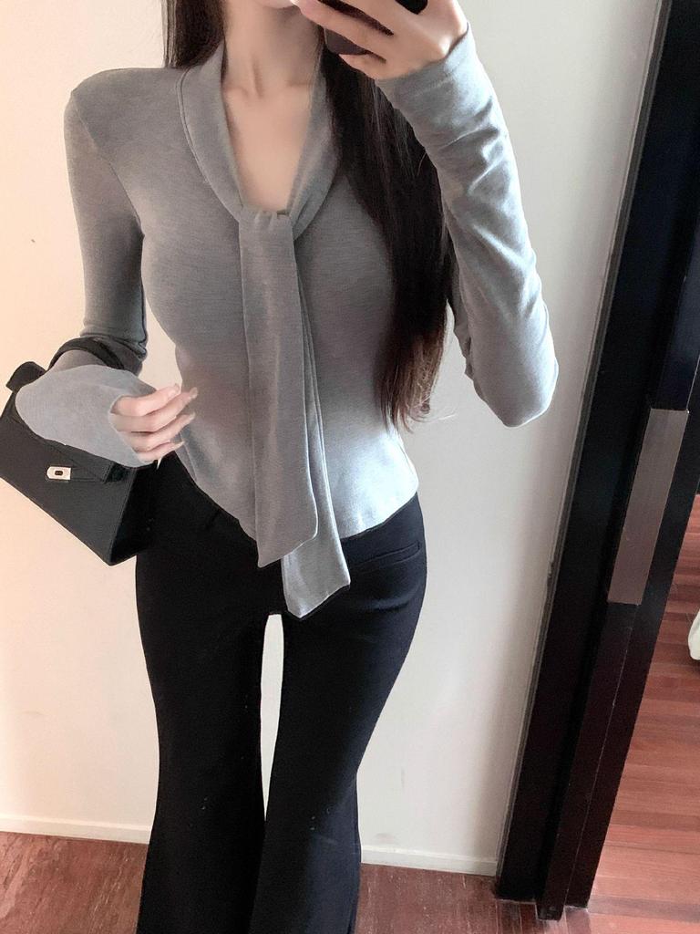 Women's V-Neck Lace-Up Long Sleeve Velvet T-Shirt: Pure Desire Style, Optional Thickness for Autumn/Winter