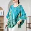 Ethnic Style Summer Blouse Cotton Ethnic Style Shirt Bat Sleeve Loose Large Round Neck T-shirt for Women