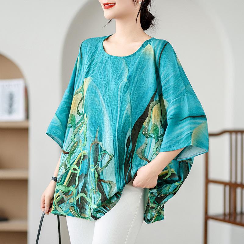 Ethnic Style Summer Blouse Cotton Ethnic Style Shirt Bat Sleeve Loose Large Round Neck T-shirt for Women