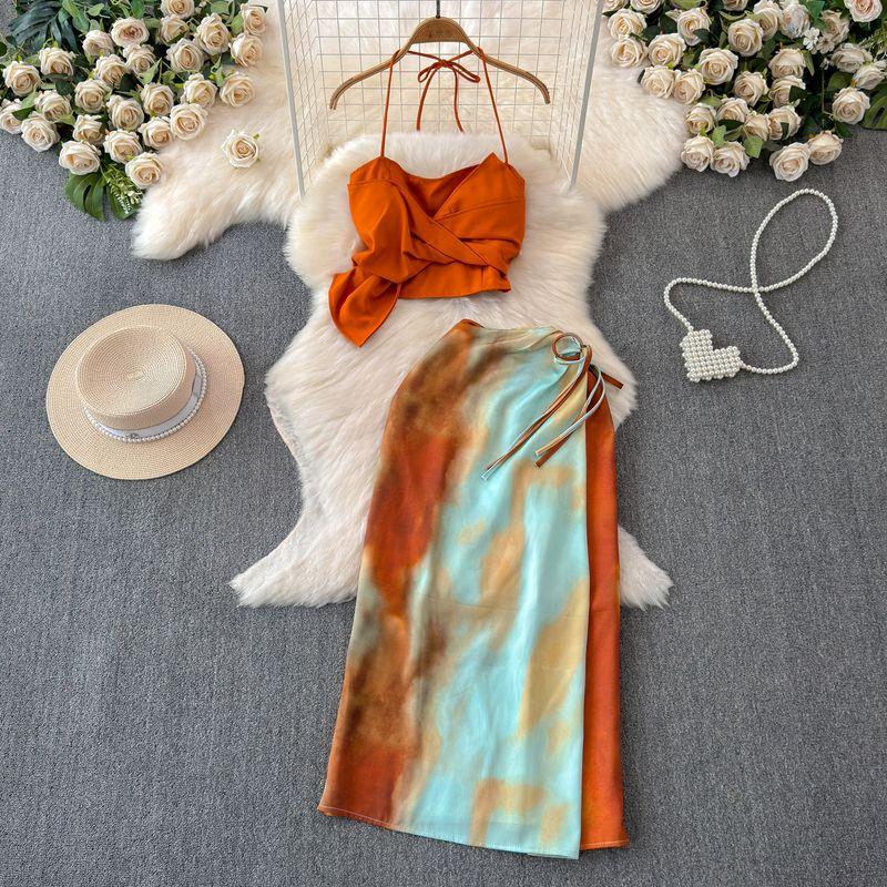 

Летний дофаминовый слинг, стиль отпуска, градиентная оранжевая юбка тай-дай, дизайн с узлом, нишевый стиль, длинная юбка, комплект из двух частей Orange M