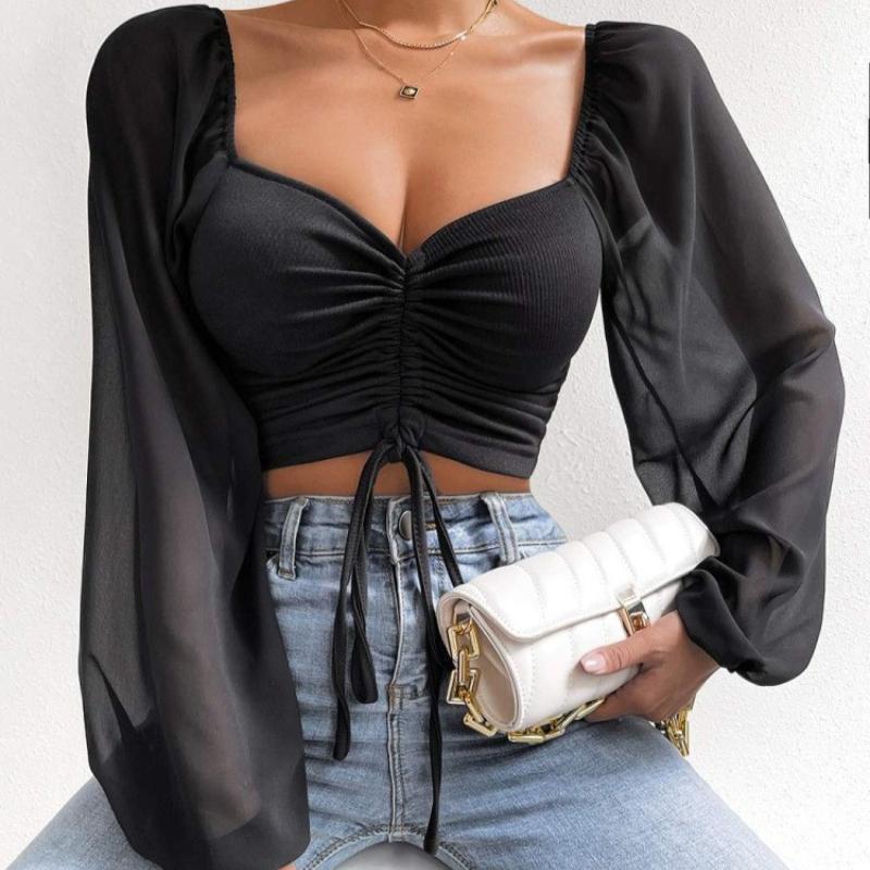 Summer New V-neck Drawstring Chiffon Blouse Women Vintage Lantern Sleeve Slim Fashion Sexy Women's Shirt Tops Elegant Solid Ladies Crop Blouse 25156