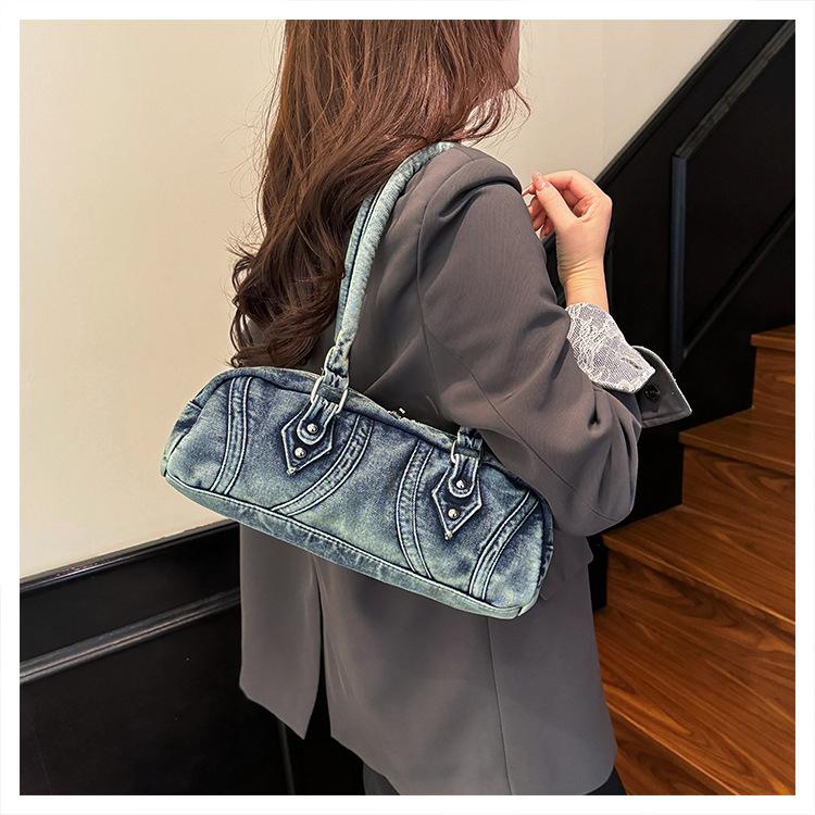 Niche design bowling bag women's large capacity shoulder bag retro trend women's denim handbag