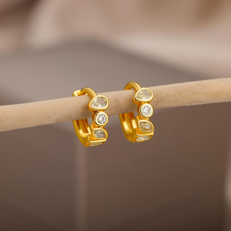 Cute Minimalist Zircon Green Hoop Earrings For Women Stainless Steel Small Circle Ear Button Earrings  Jewelry