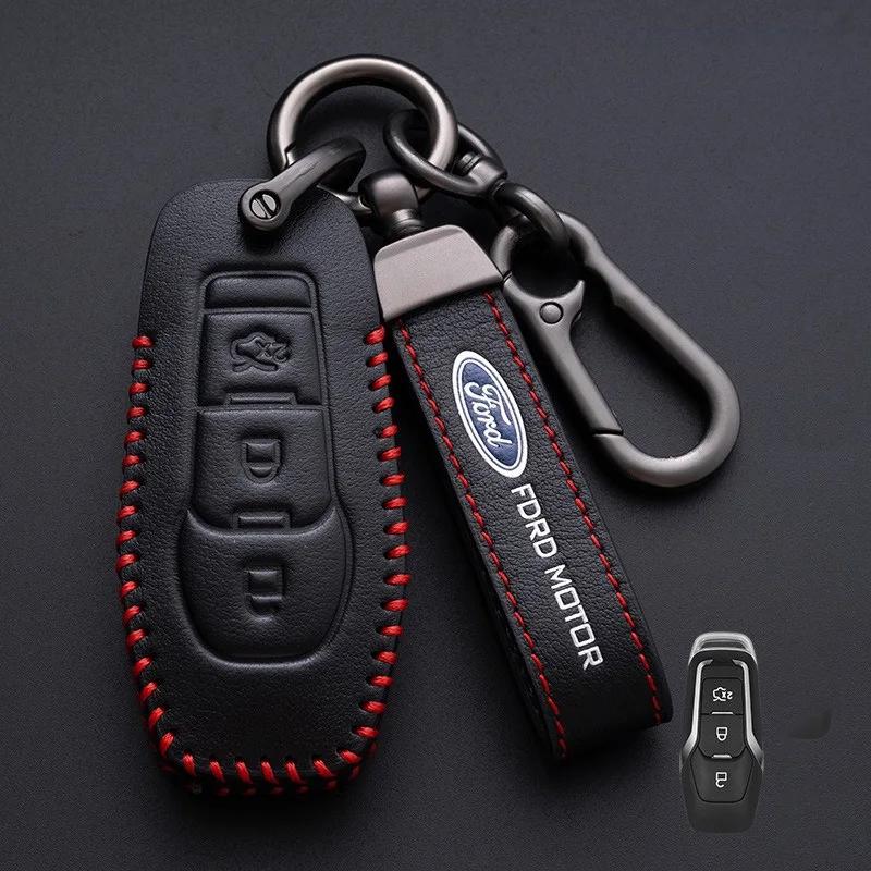 Car Sticker Ford New Leather Car Smart Key Case For Ford Fusion Explorer Edge Mustang Mondeo Kuka Personalized Unisex KeyRing Gi