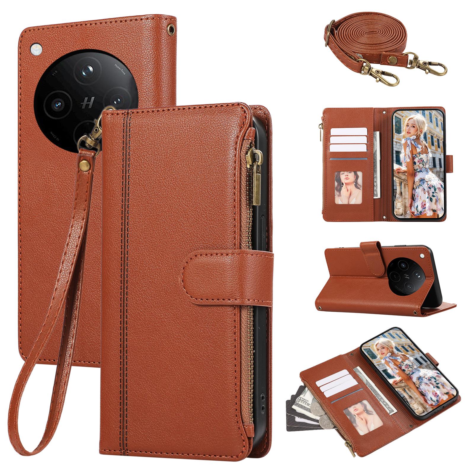 

For Oppo Find X8 5G Case Multi Card Slots Zipper Leather Phone Cover with Shoulder Strap/Wrist Strap Brown