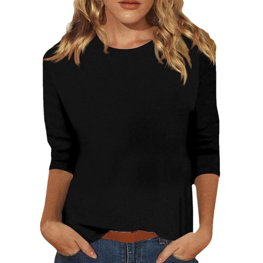 Damenkleidung Herbst Winter Übergroß Rundhals 7/8 Ärmel Einfarbiges T-Shirt