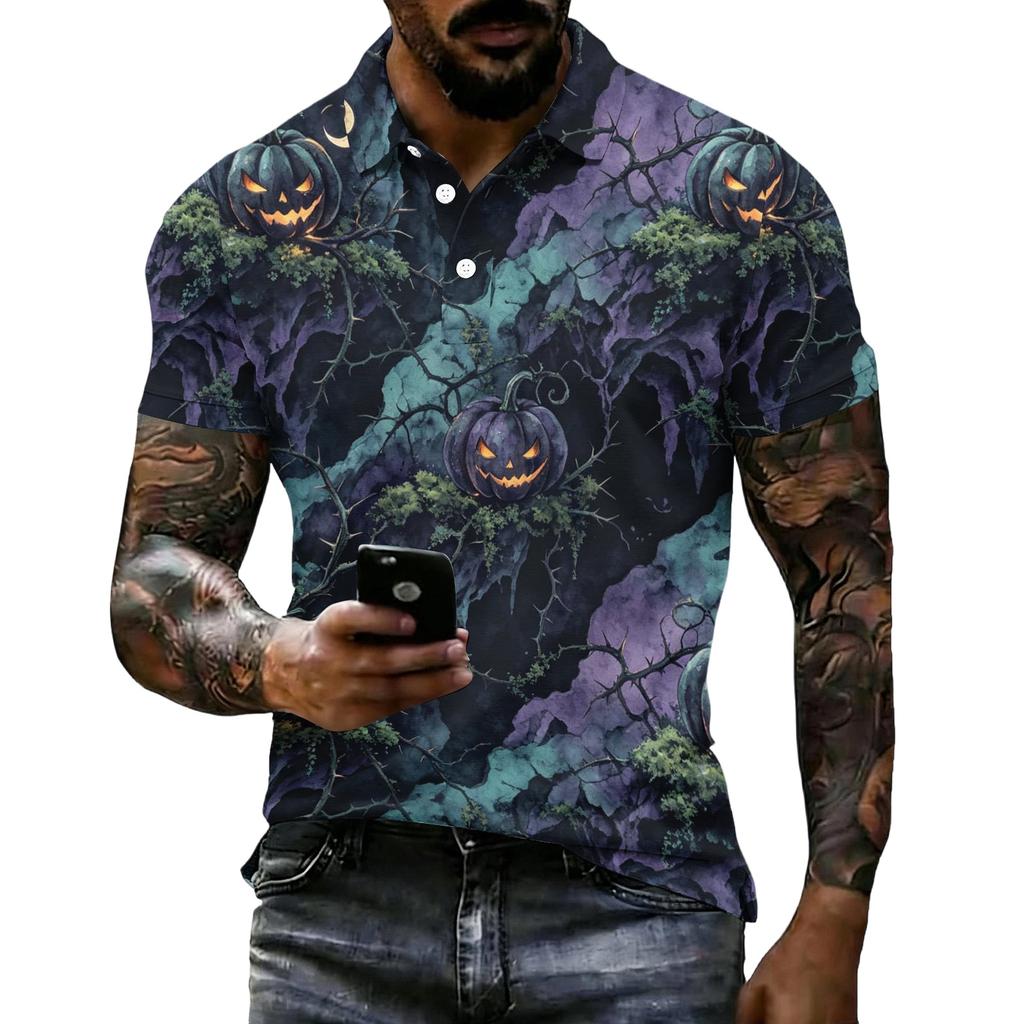 Men's Halloween Print Short Sleeve Polo Shirt Loose Fit Casual Summer Daily Top Button Down Collar