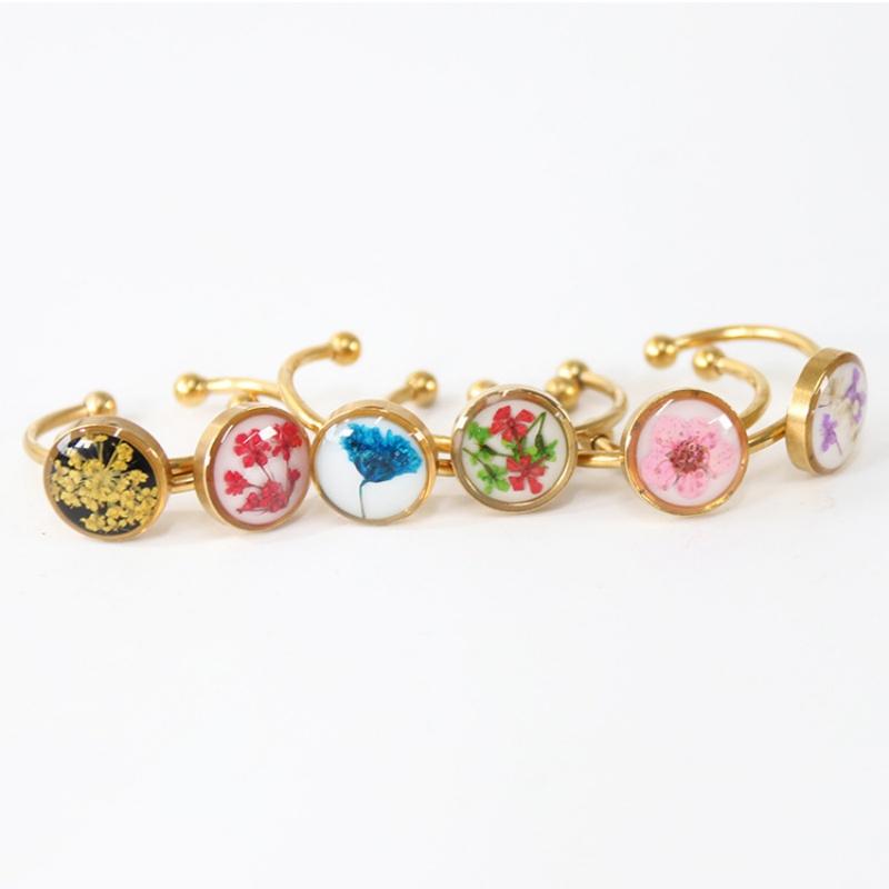 Stainless Steel Dried Flower Round Rings For Women Eternal Flower Open Finger Ring Jewelry Wedding Band Gift Wholesale New