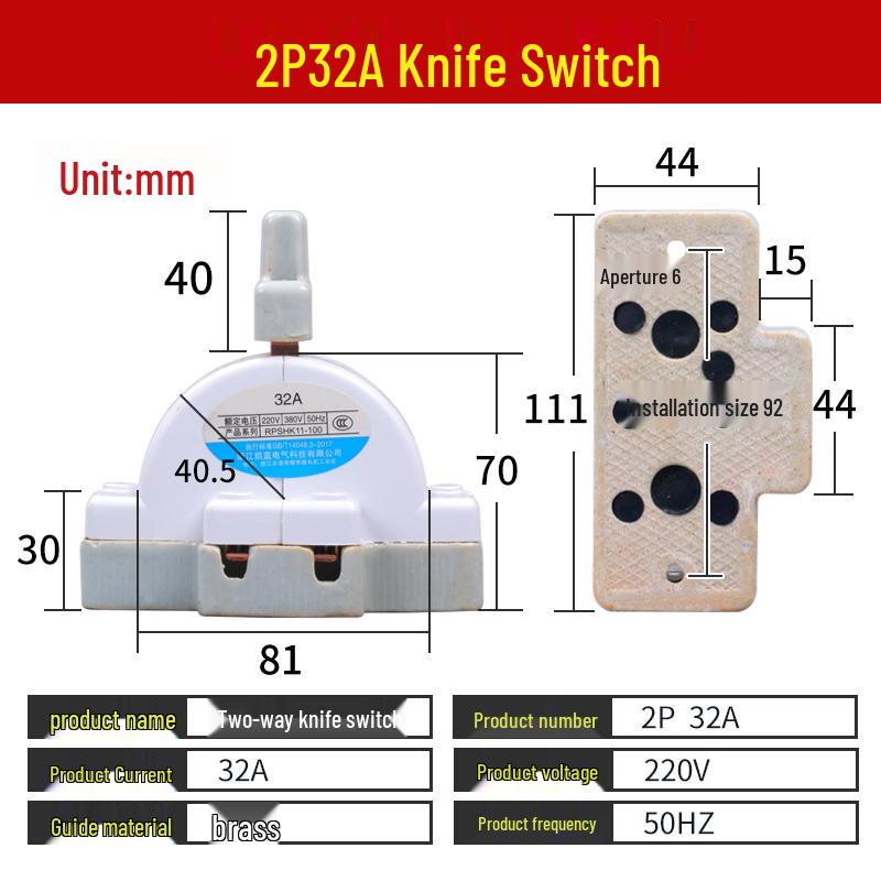 

32A Ceramic Two-Way Double-Throw Knife Switch 220V, Household 2P Forward/Reverse Dual Power Conversion Switch