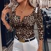 Leopard Print Button-Up Slim-Fit Casual Long-Sleeve Women's T-shirt for Spring & Autumn