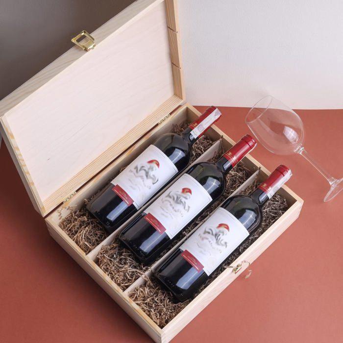 Coffret Cadeau - Creative Deco - Caisse à Vin en Bois - 3 Bouteilles - 35 x 30 x 10 cm - Non Peint