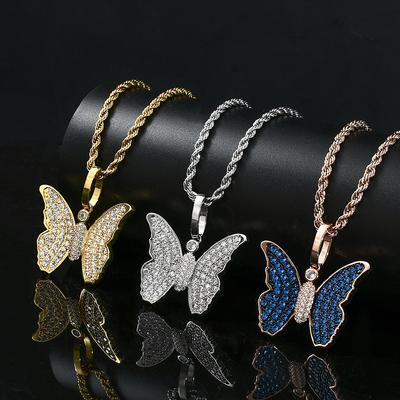 New Hip-hop Zircon Small Butterfly Pendant Hipster Copper Electroplating 18K Gold Solid Necklace Jewelry