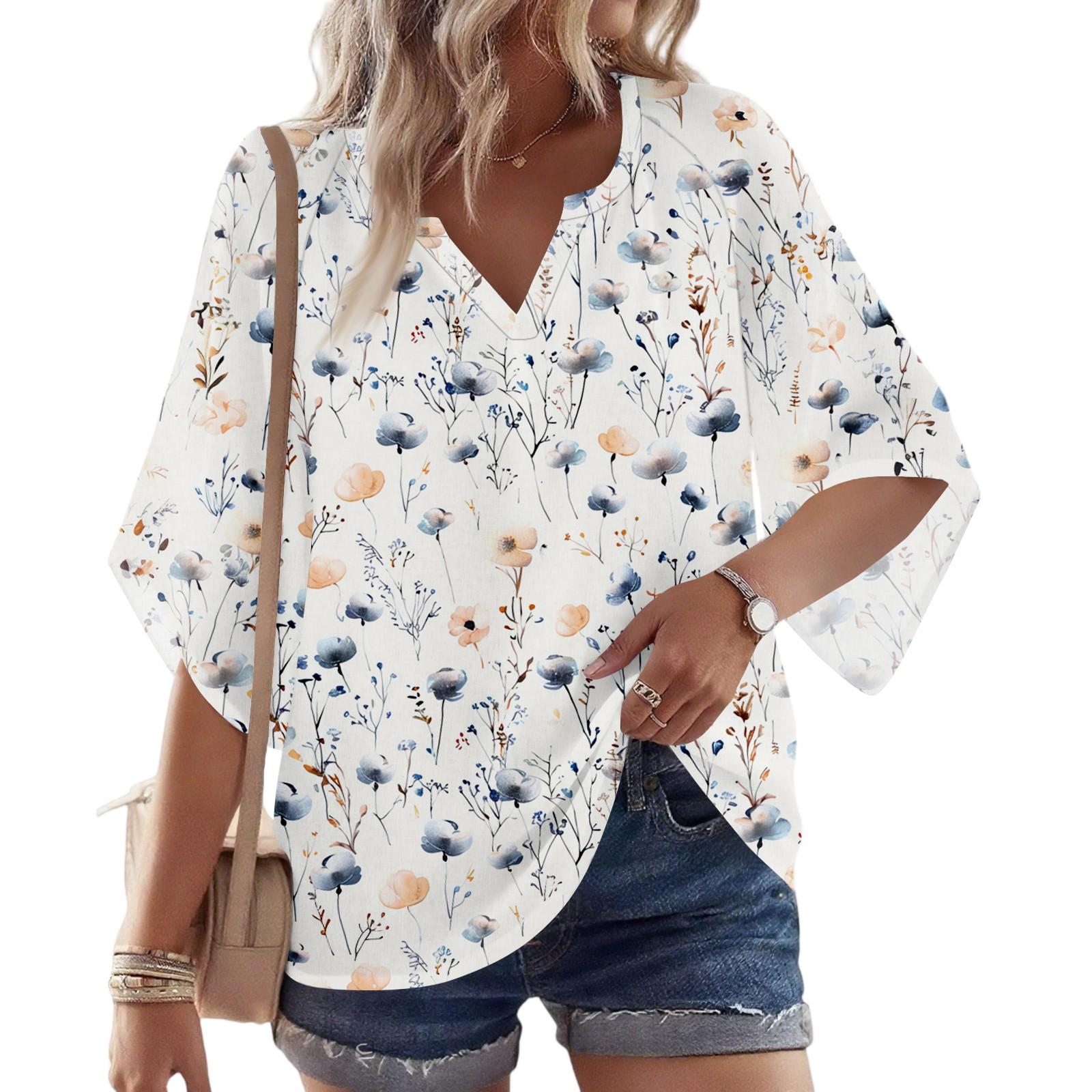 

Women s 3/4 Sleeve V Floral Shirt Casual Loose Tunic Top L синій