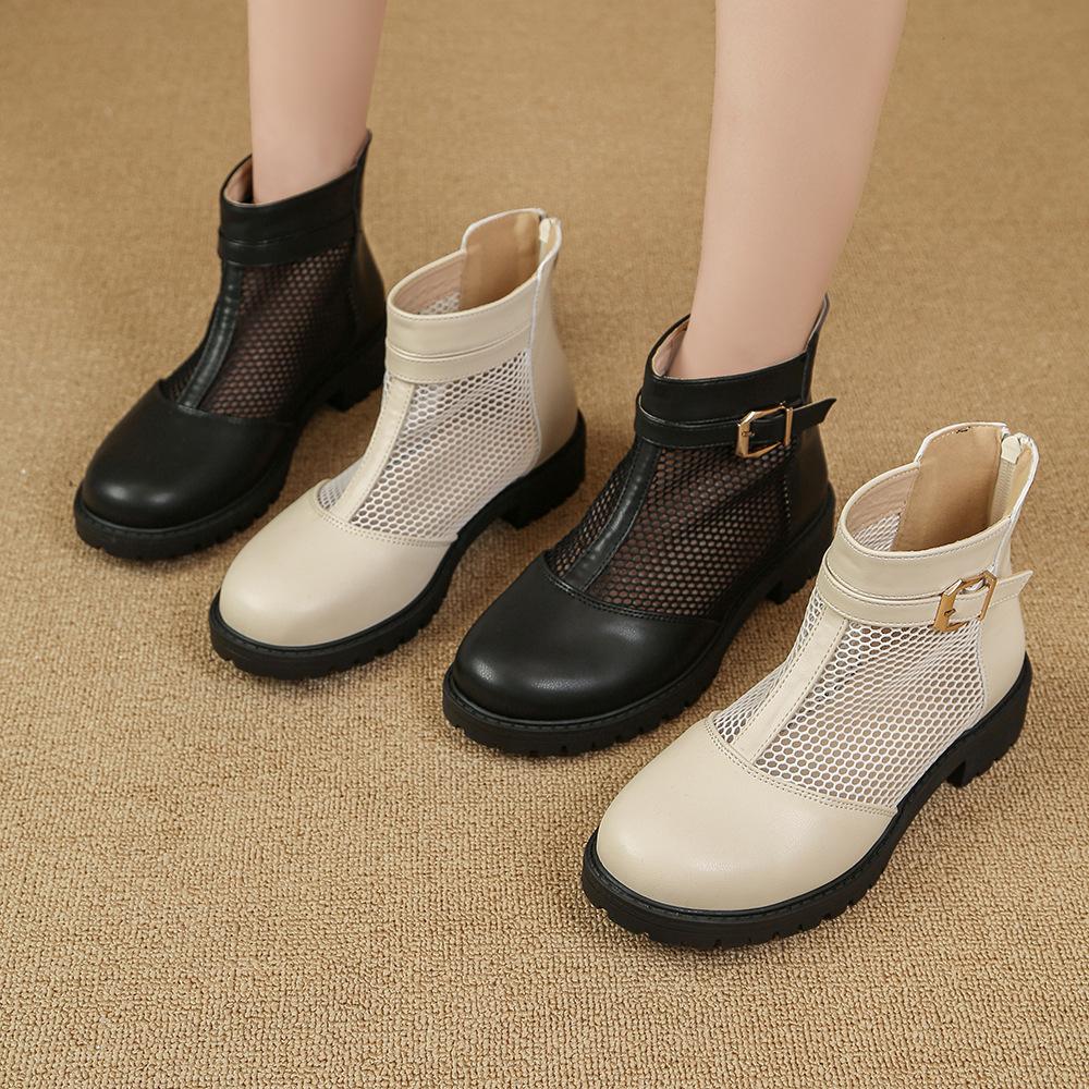 Spring and summer new women's shoes soft leather thick heel mesh hollowed out breathable cool boots hole leather boots fashionable versatile boots