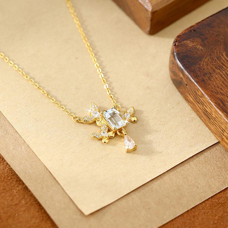 S925 Sterling Silver Natural Stone Fan Butterfly Love Fringed Necklace Women's Light Luxury High-end Collarbone Chain Fashion Retro Jewelry Gift